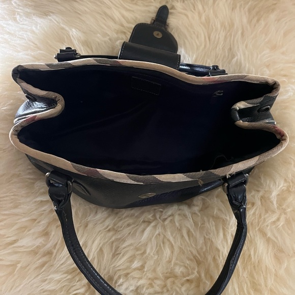 Burberry Black Leather Plaid Trim Satchel Bag - Picture 8 of 9